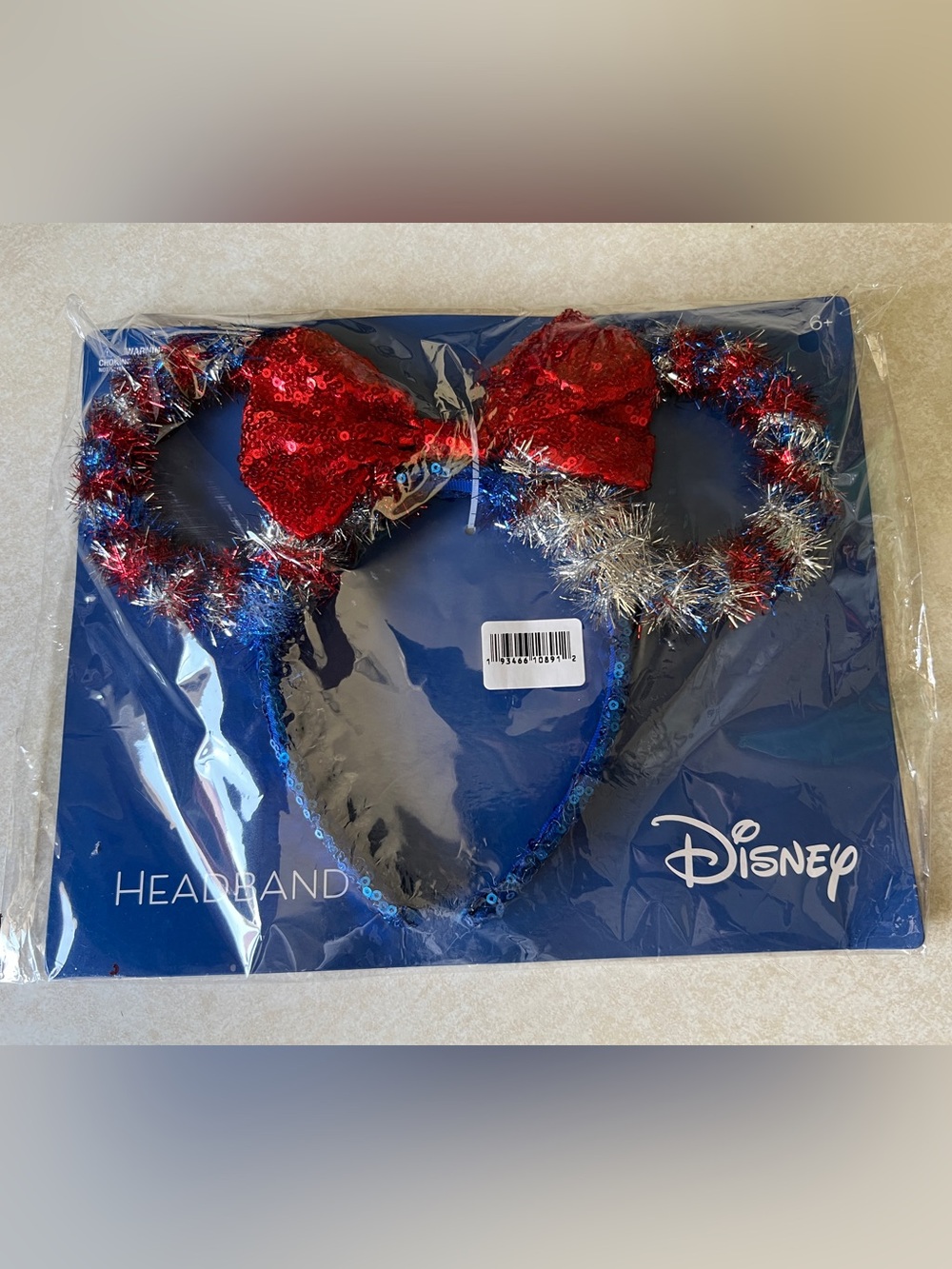 Disney Sequin Minnie Ear Headband with Red Bow and Red, White & Blue Tinsel
